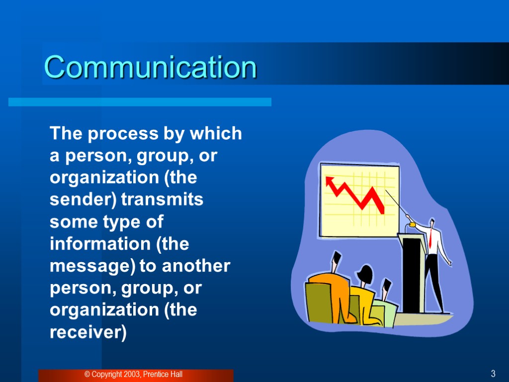 © Copyright 2003, Prentice Hall 3 Communication The process by which a person, group,